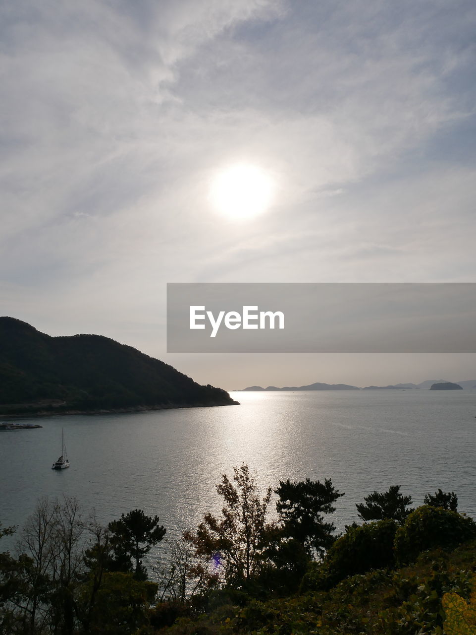 Scenic view of sea and mountains against sky