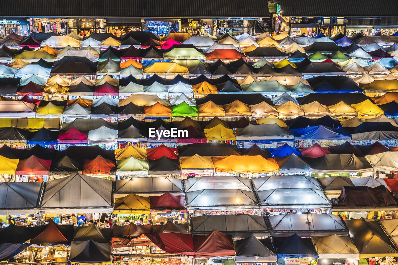 High angle view of multi colored market at night