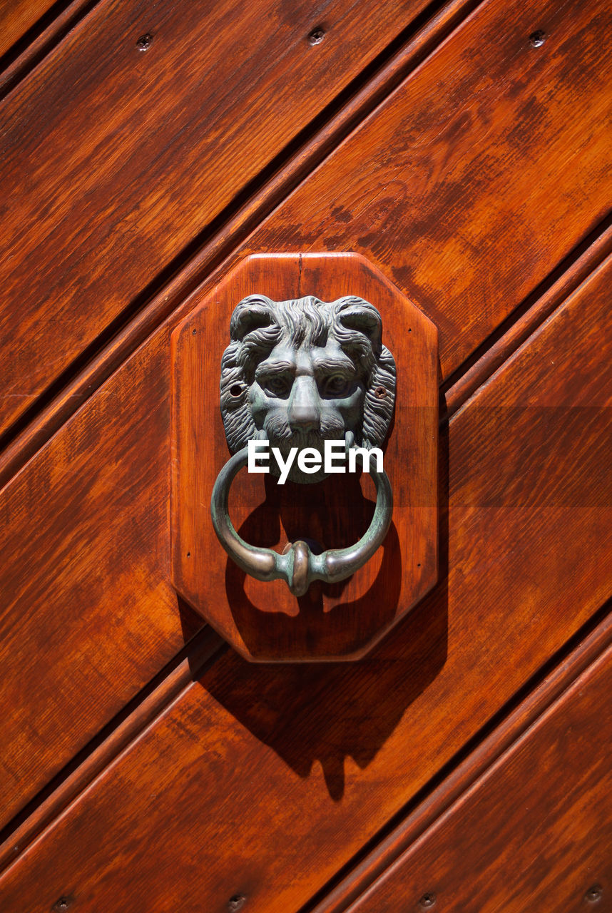 Closeup of a metal door knocker on wooden door