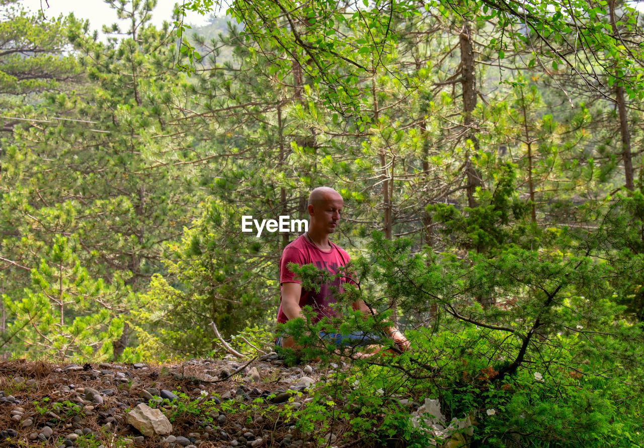 Full length of man meditating in forest