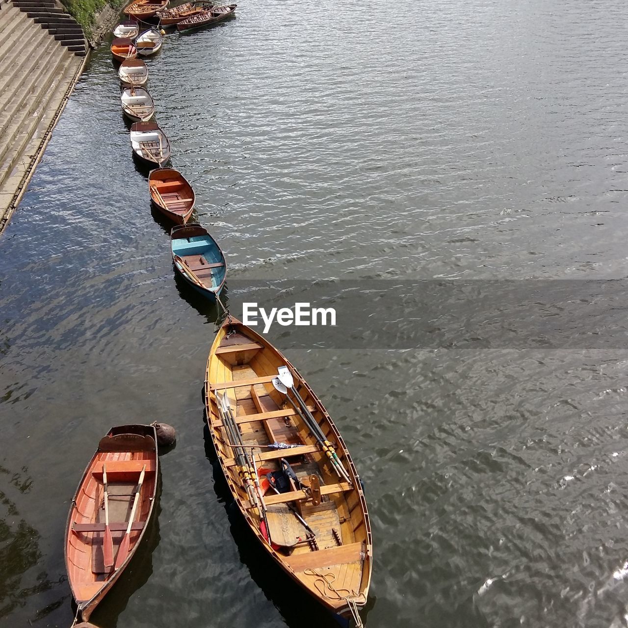 High angle view of boats moored in lake