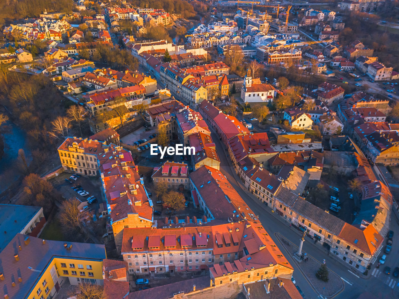 High angle view of illuminated buildings in city