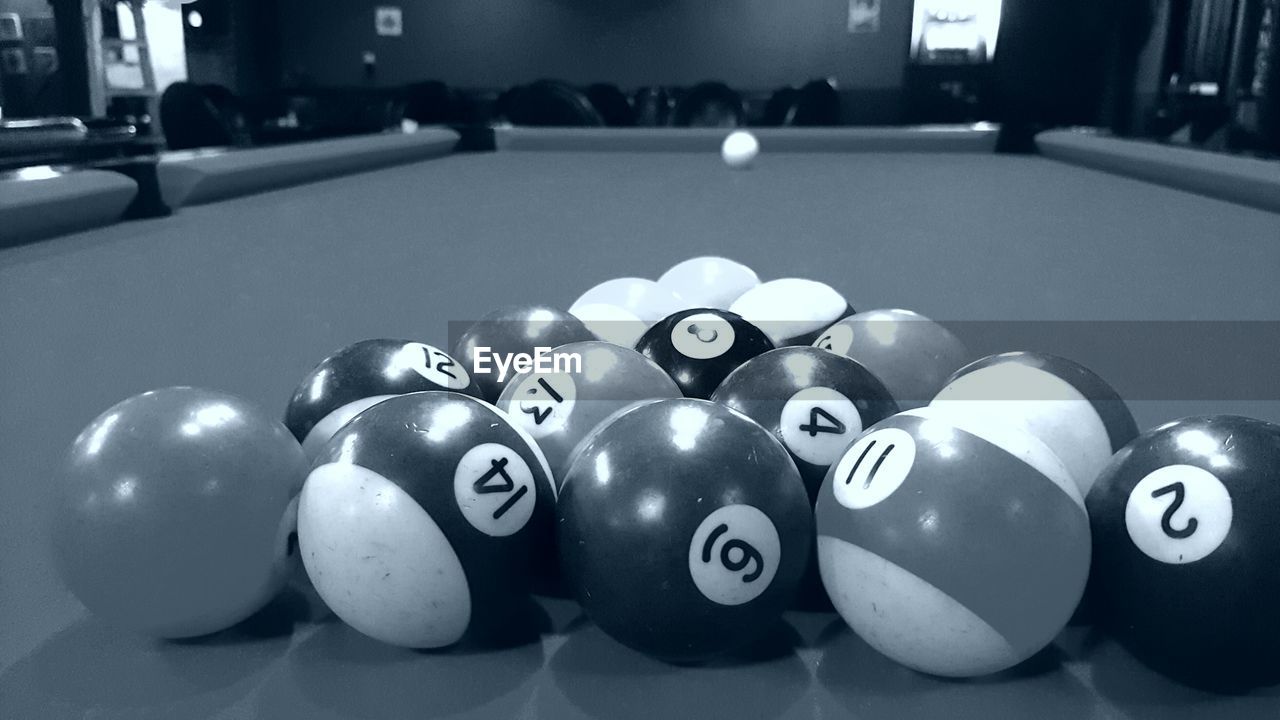 Close-up of pool balls arranged on table