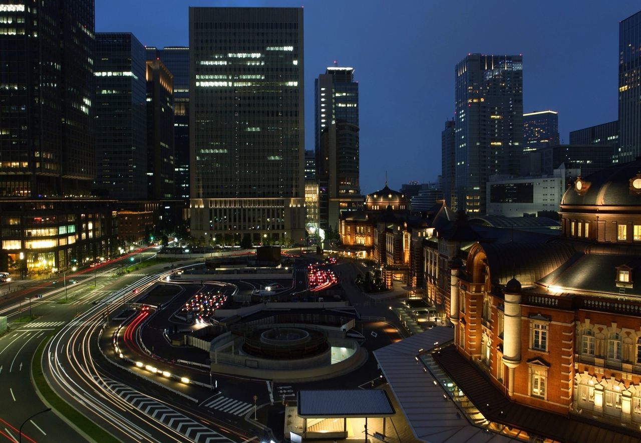 High angle view of traffic on road at night