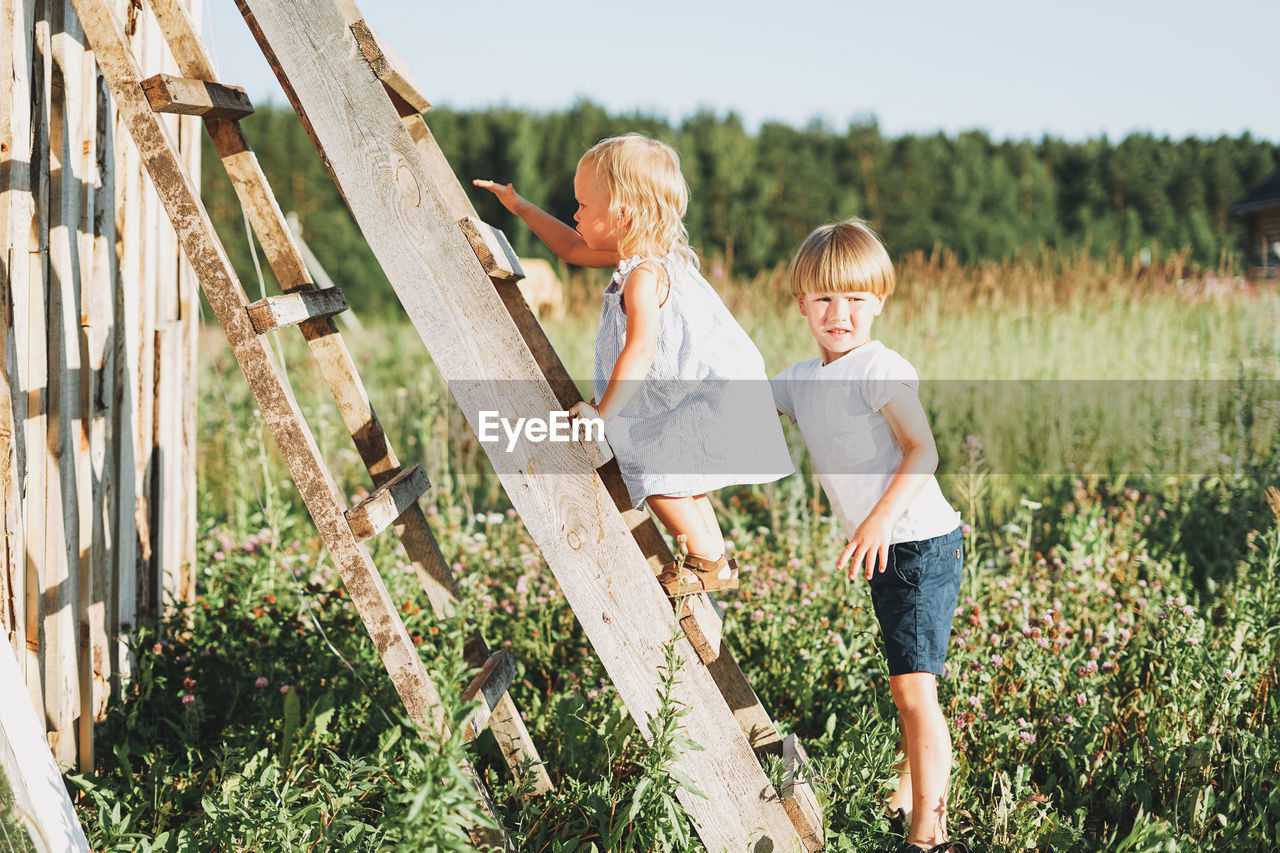 Cute siblings little girl and boy brother sister climbs up the ladder countryside cottagecor