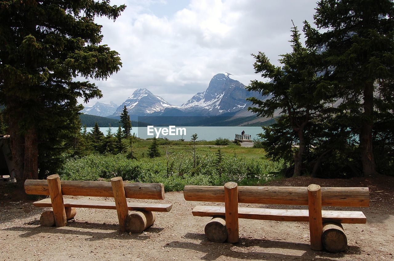 Scenic view of trees and mountains against sky