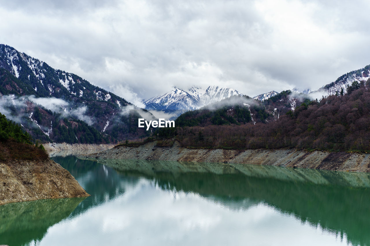 Scenic view of lake by snowcapped mountains against sky