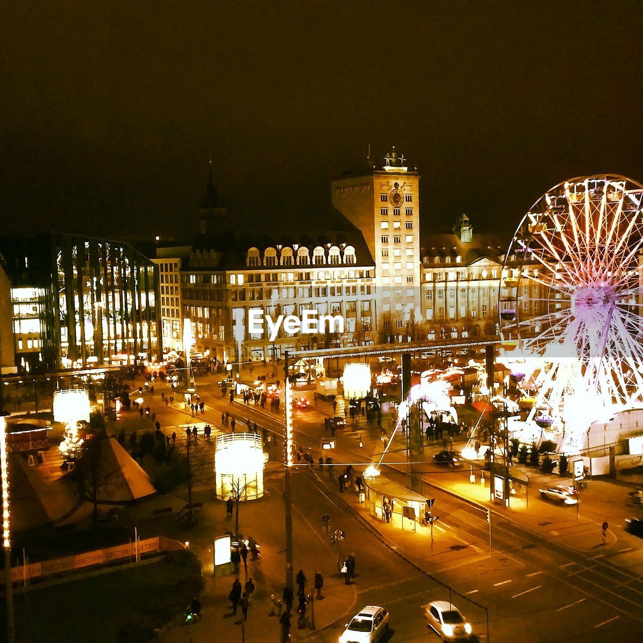 Illuminated augustusplatz against sky at night