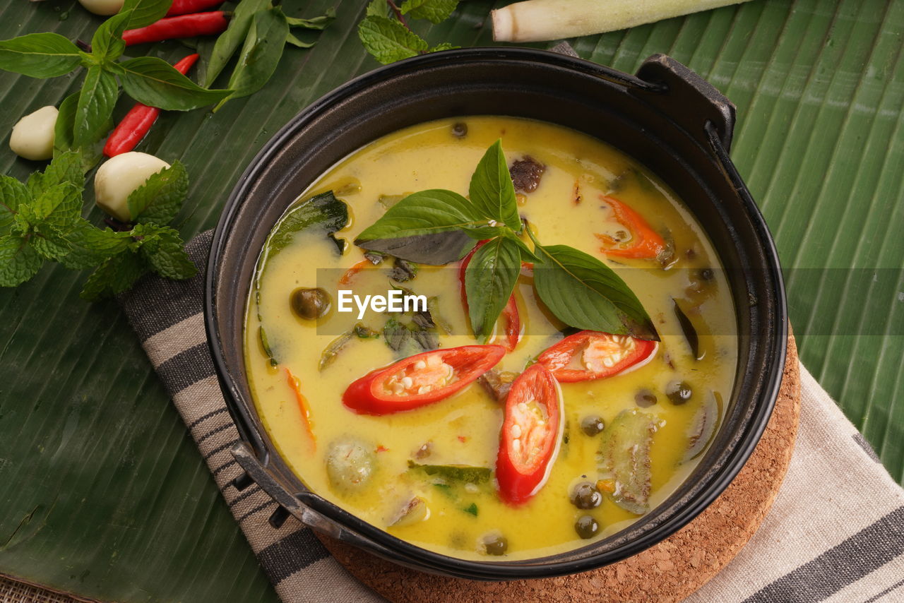 High angle view of food in bowl on table