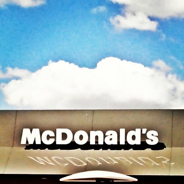 LOW ANGLE VIEW OF SIGN BOARD AGAINST CLOUDY SKY