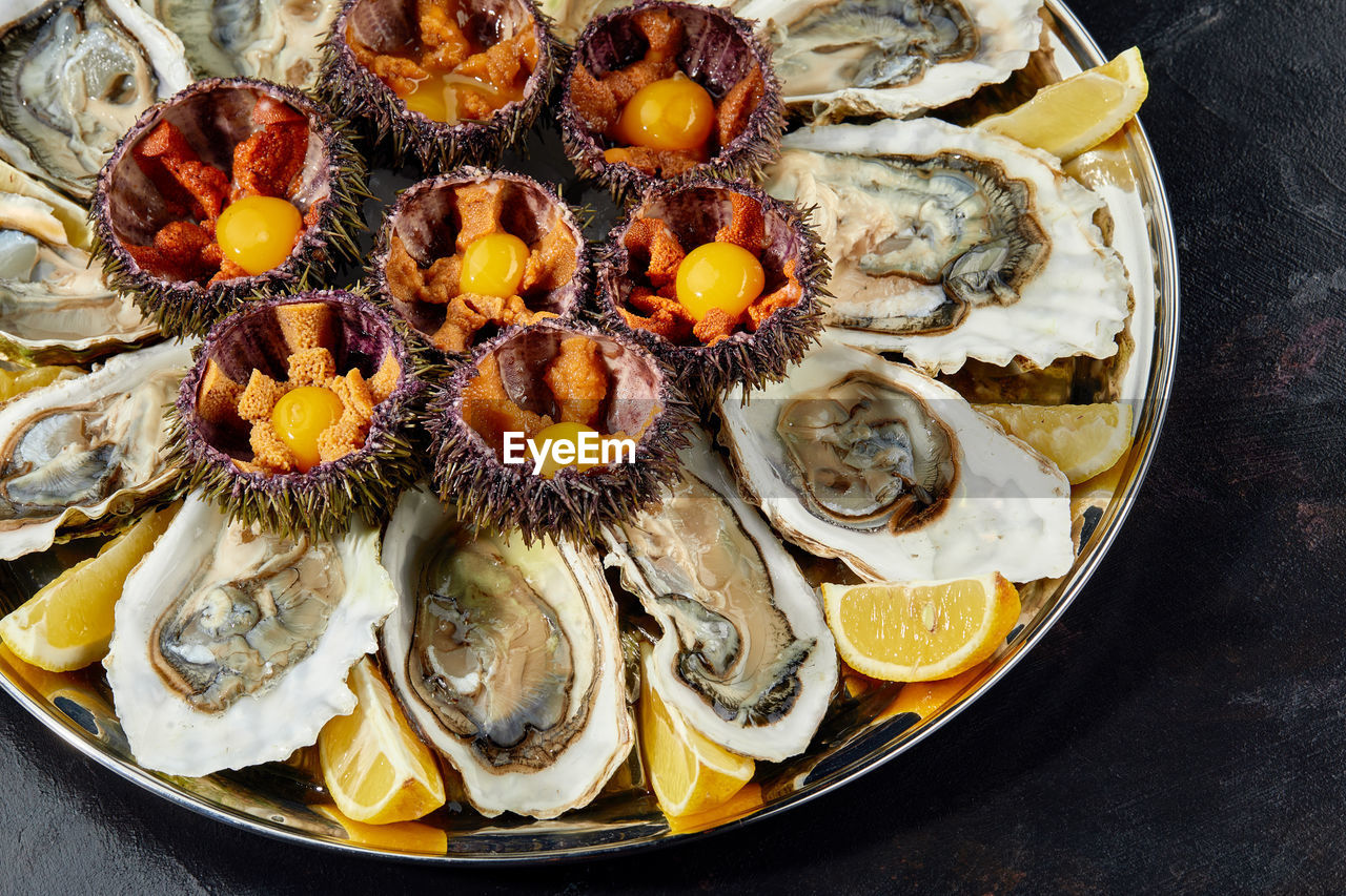 food, food and drink, freshness, healthy eating, seafood, fruit, dish, wellbeing, shell, plate, citrus fruit, animal shell, no people, high angle view, animal, lemon, indoors, directly above, still life, mussel, oyster, abundance, crustacean, close-up, table, animal wildlife, cuisine