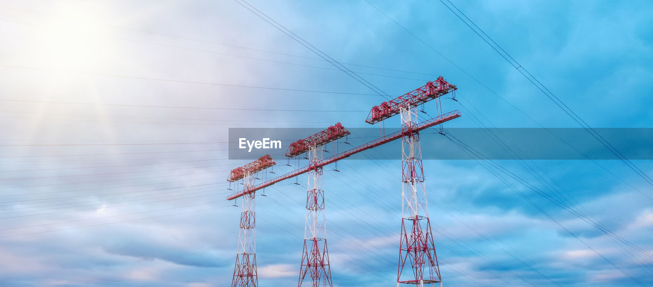 High-voltage transmission towers. high voltage post. high voltage tower sky sunset background