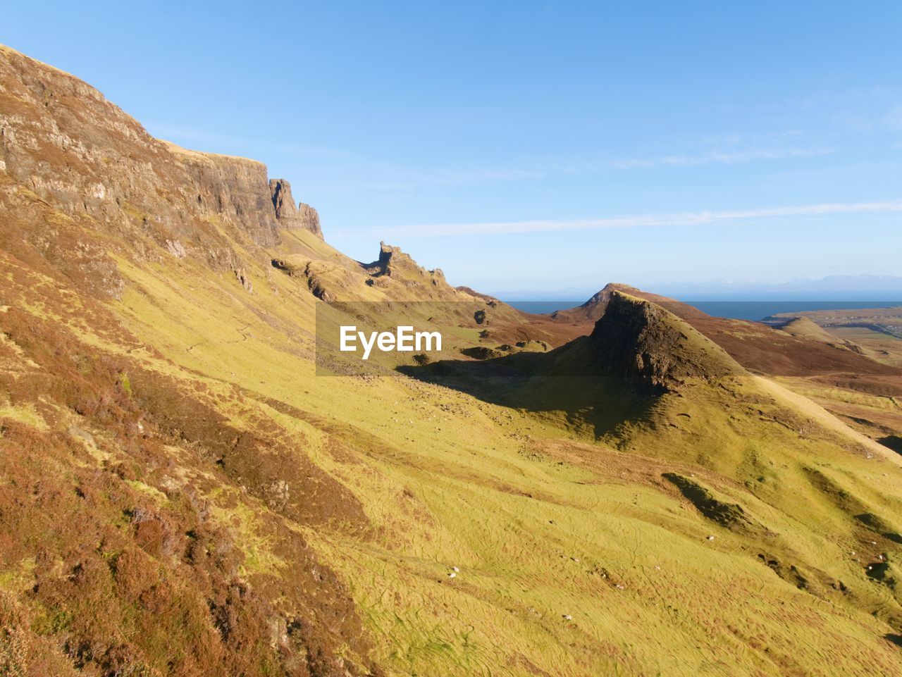 Winter colors of hilly landscape on isle of skye in scotland. beautiful quiraing range of mountains