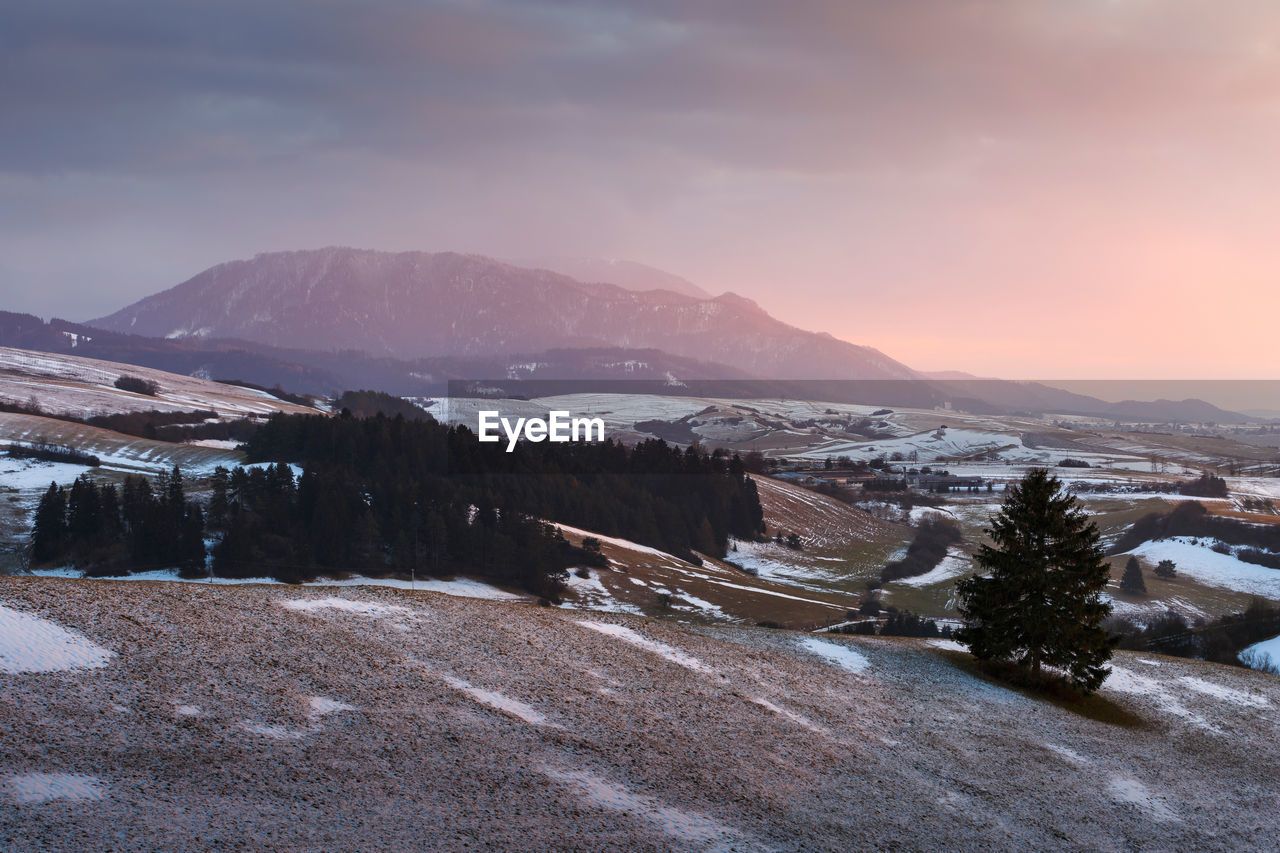 Turiec region with view of velka fatra mountain range in winter.