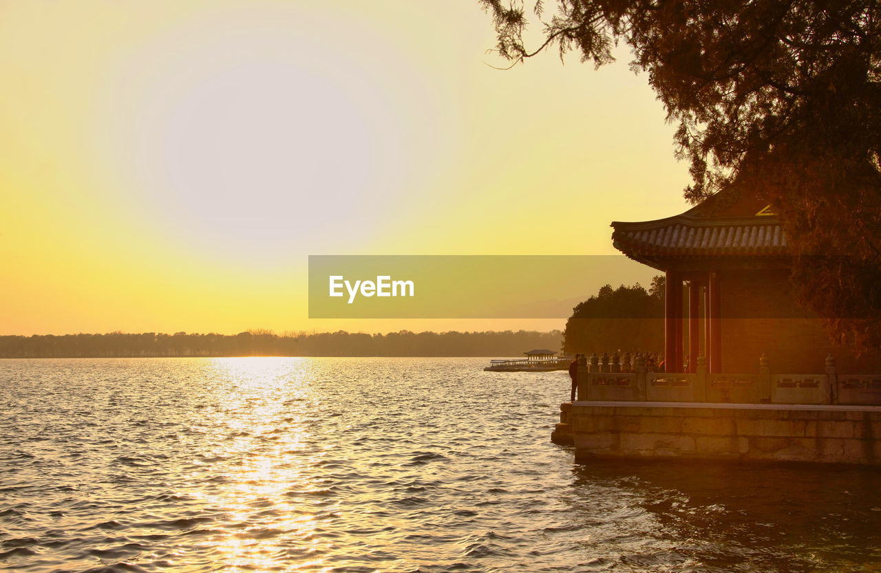 SCENIC VIEW OF LAKE AGAINST CLEAR SKY DURING SUNSET