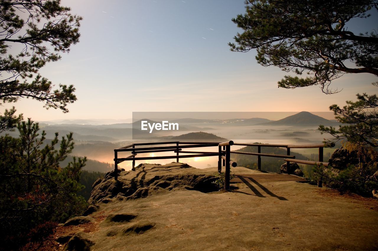 Autumn midnight. full moon night in a beautiful mountain park. trees increased from heavy fog