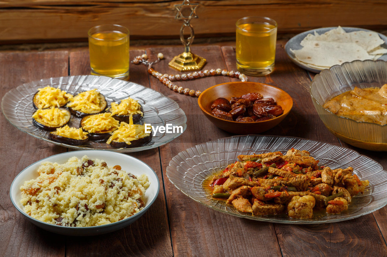 high angle view of food in bowls on table