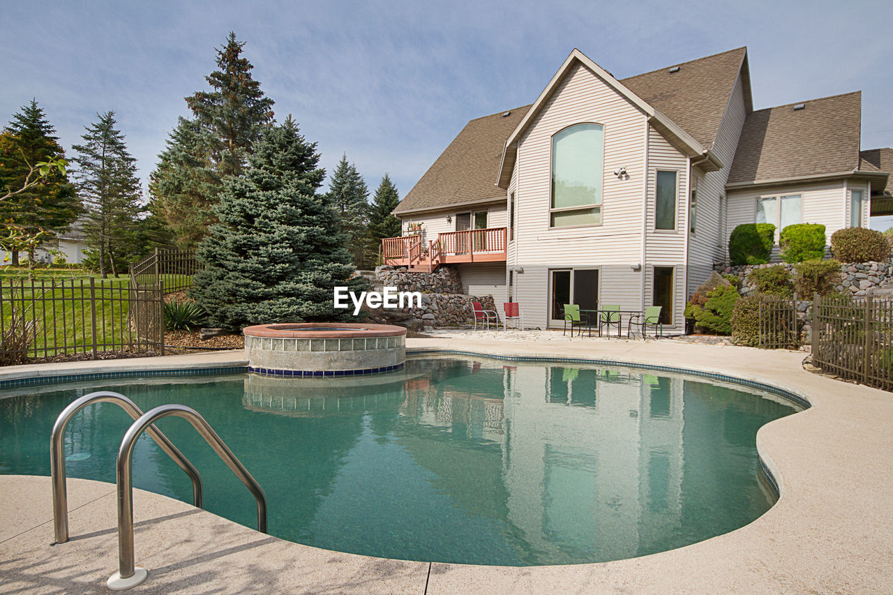 SWIMMING POOL BY HOUSE AGAINST SKY