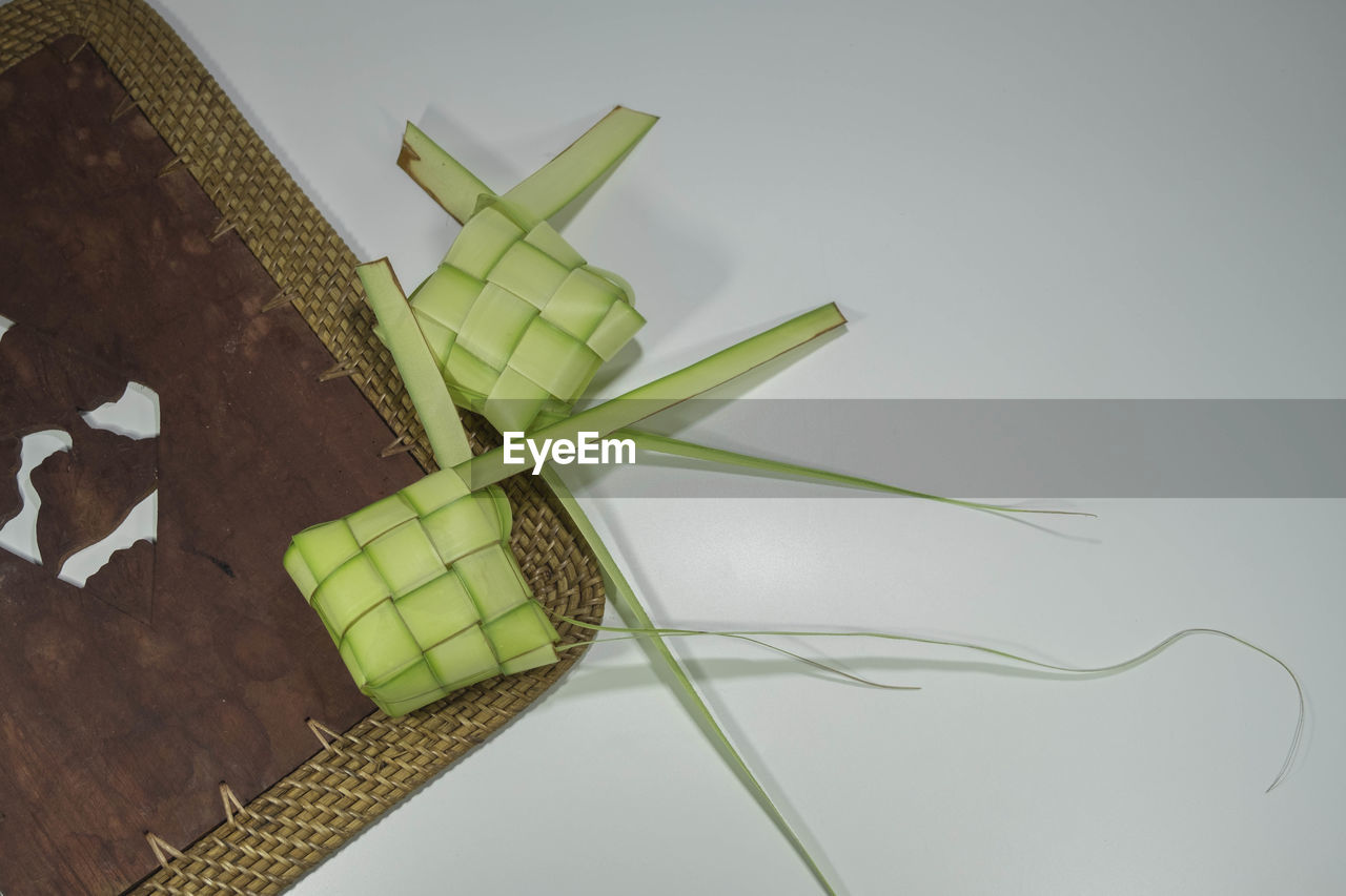 HIGH ANGLE VIEW OF GREEN LEAF ON TABLE