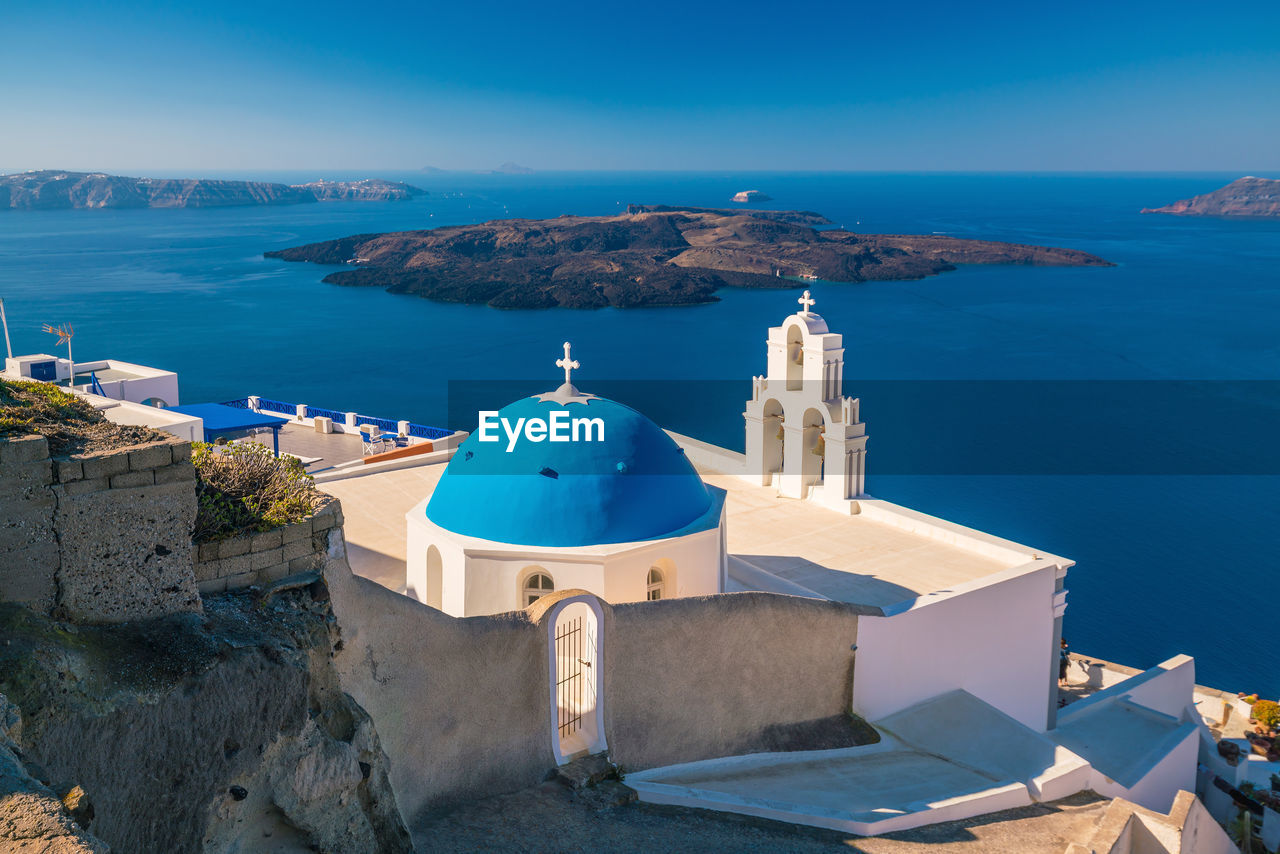 High angle view of church against bay