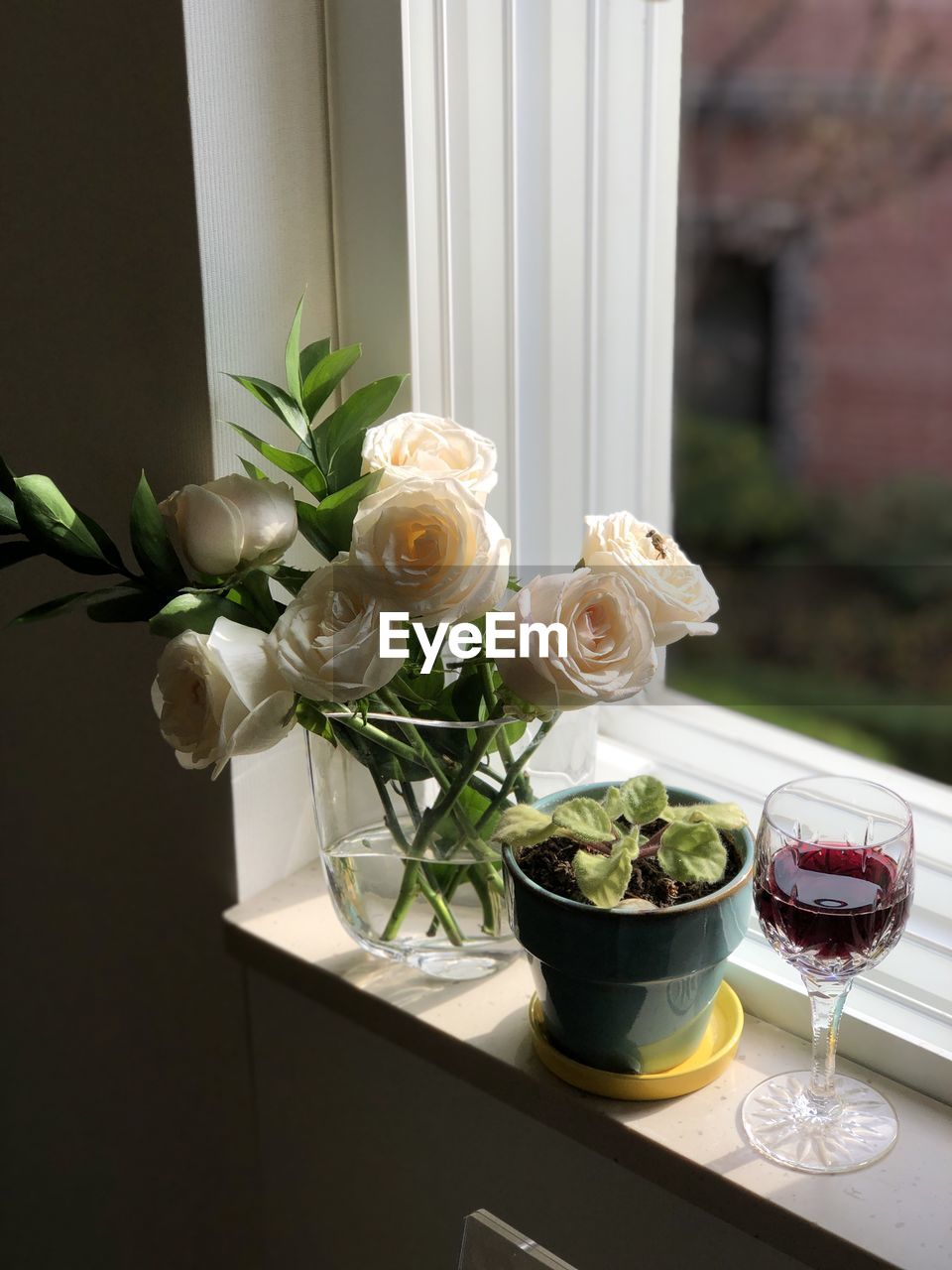 Close-up of white roses in vase on table