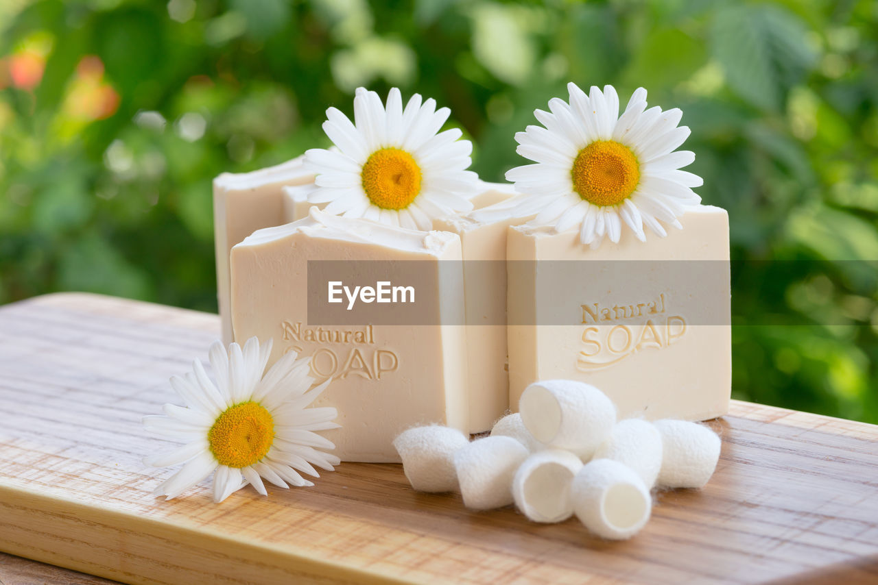 flower, flowering plant, plant, yellow, freshness, nature, food and drink, wood, food, no people, beauty in nature, flower head, summer, outdoors, daisy, white, celebration, focus on foreground, container, close-up, still life, selective focus, event