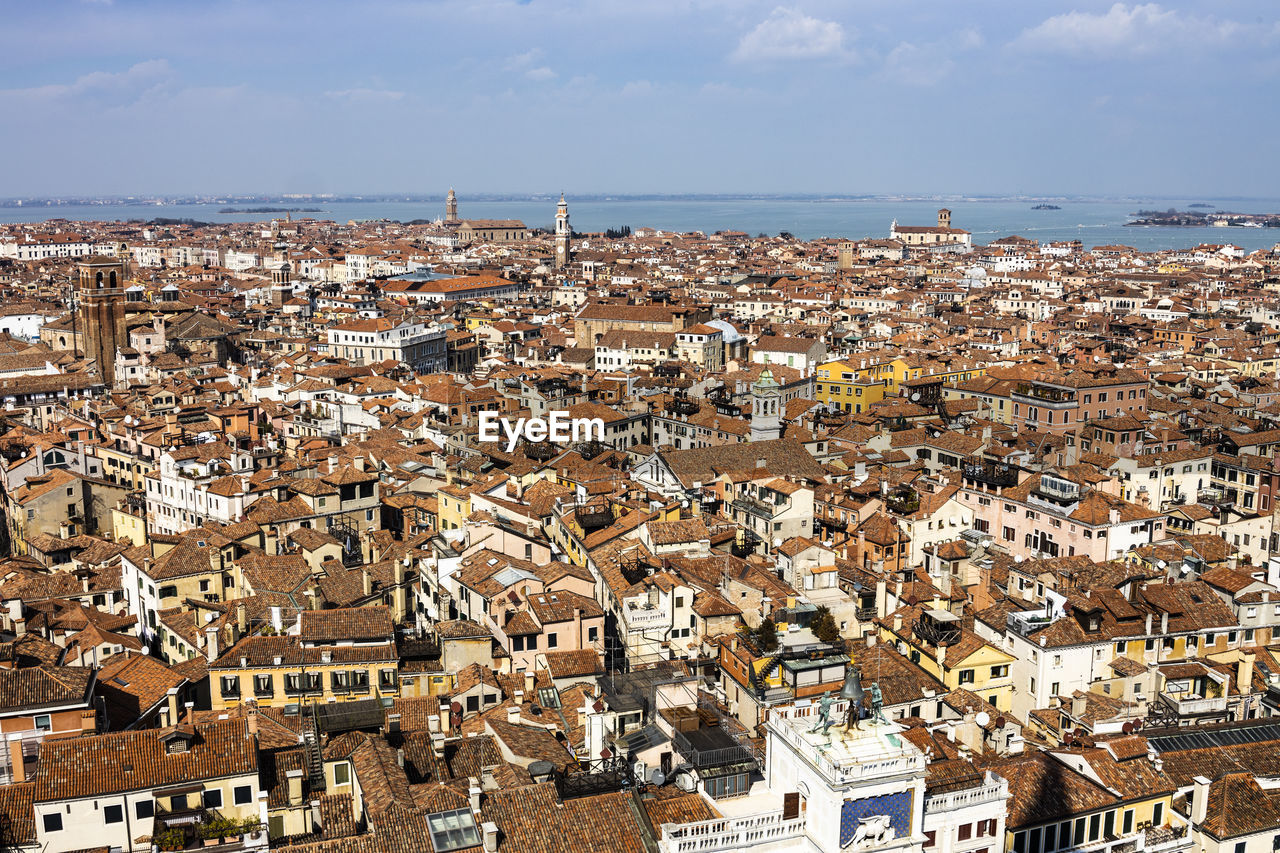 High angle shot of townscape against sky