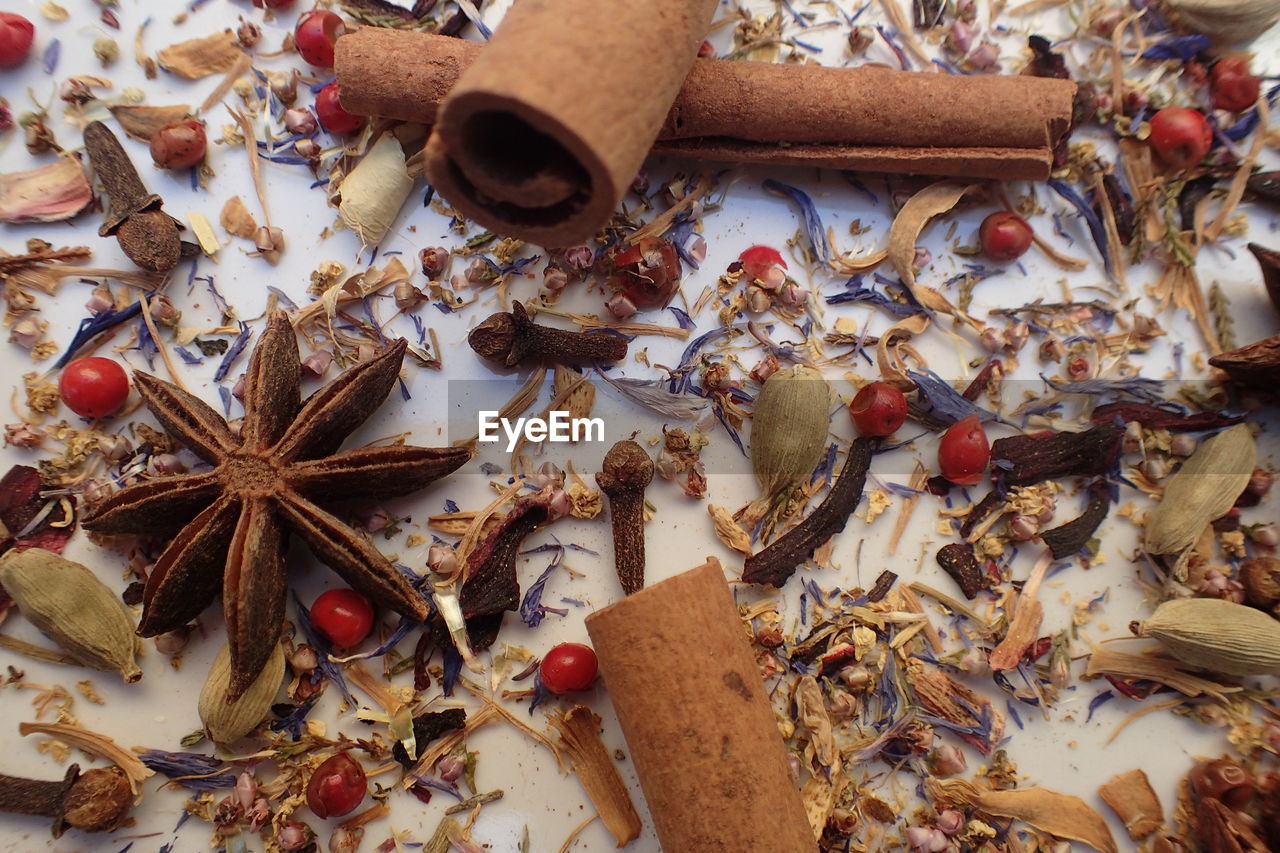 High angle view of various spices on table