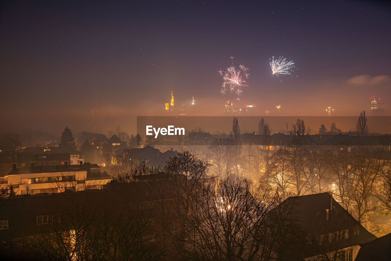 The frankfurt skyline with firework at new years eve