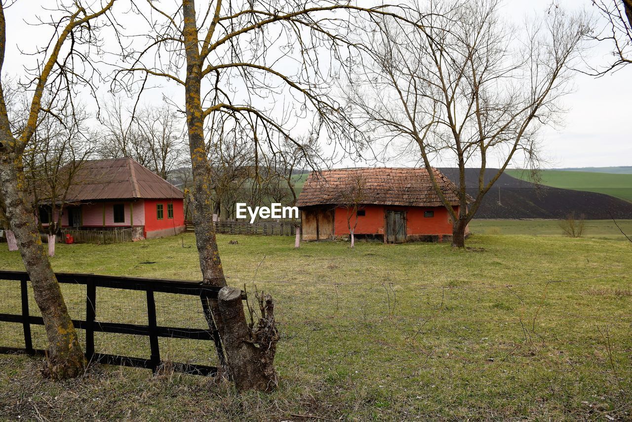 Houses and trees on field against sky