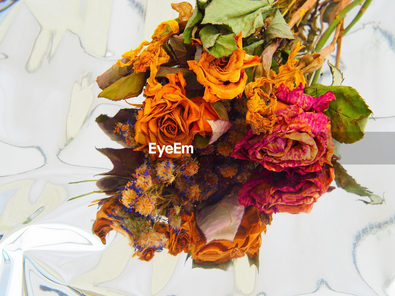 HIGH ANGLE VIEW OF MULTI COLORED ROSE BOUQUET IN POT