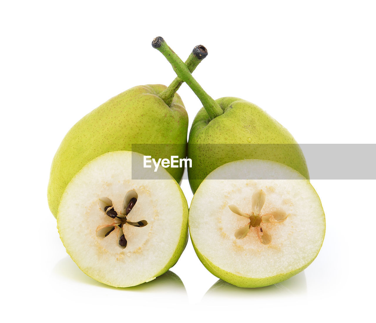 CLOSE-UP OF APPLES ON APPLE AGAINST WHITE BACKGROUND