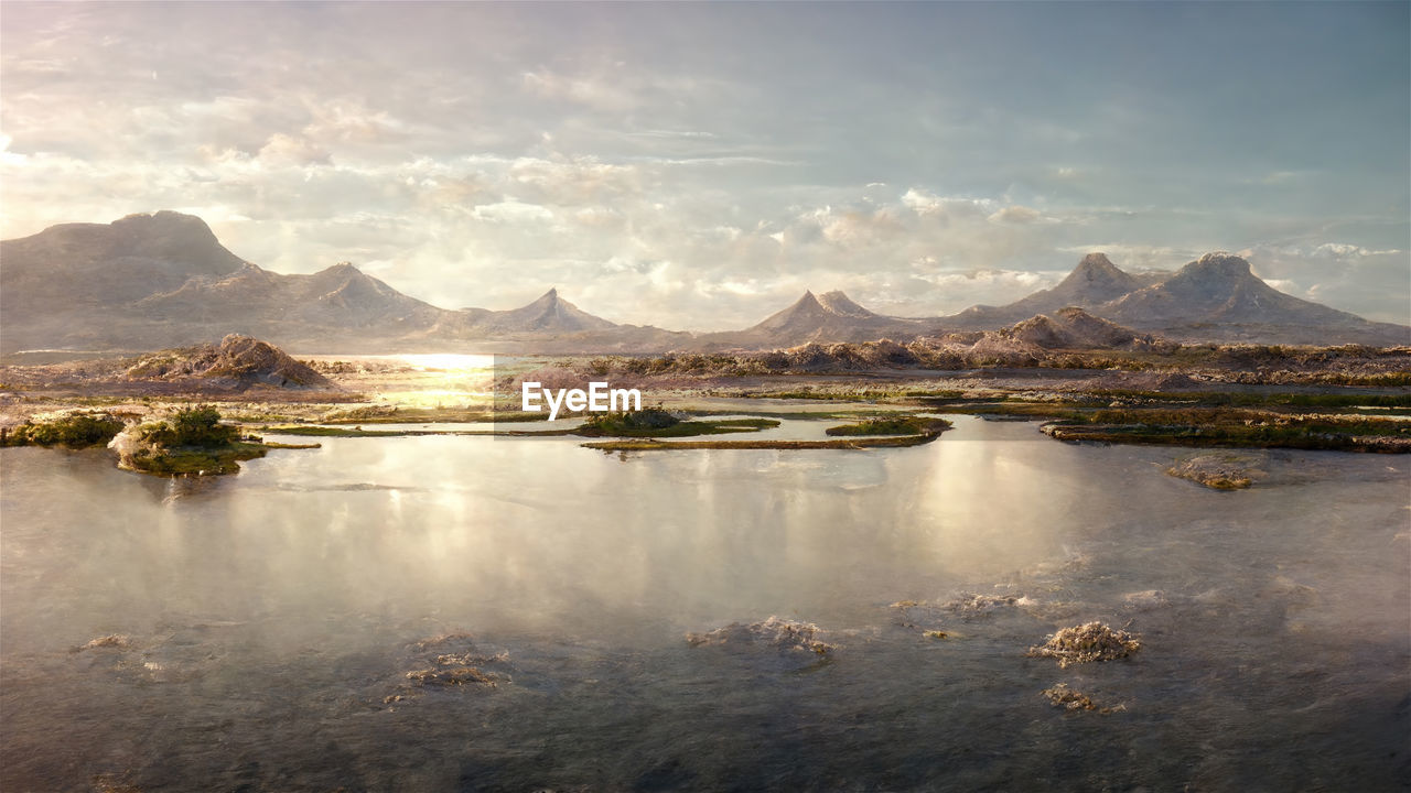 mountain, reflection, water, morning, sky, scenics - nature, environment, landscape, mountain range, nature, beauty in nature, cloud, lake, horizon, dawn, travel destinations, travel, land, no people, tranquility, reservoir, tranquil scene, outdoors, sunrise, tourism, sunlight, body of water, day, architecture, cold temperature, shore, city
