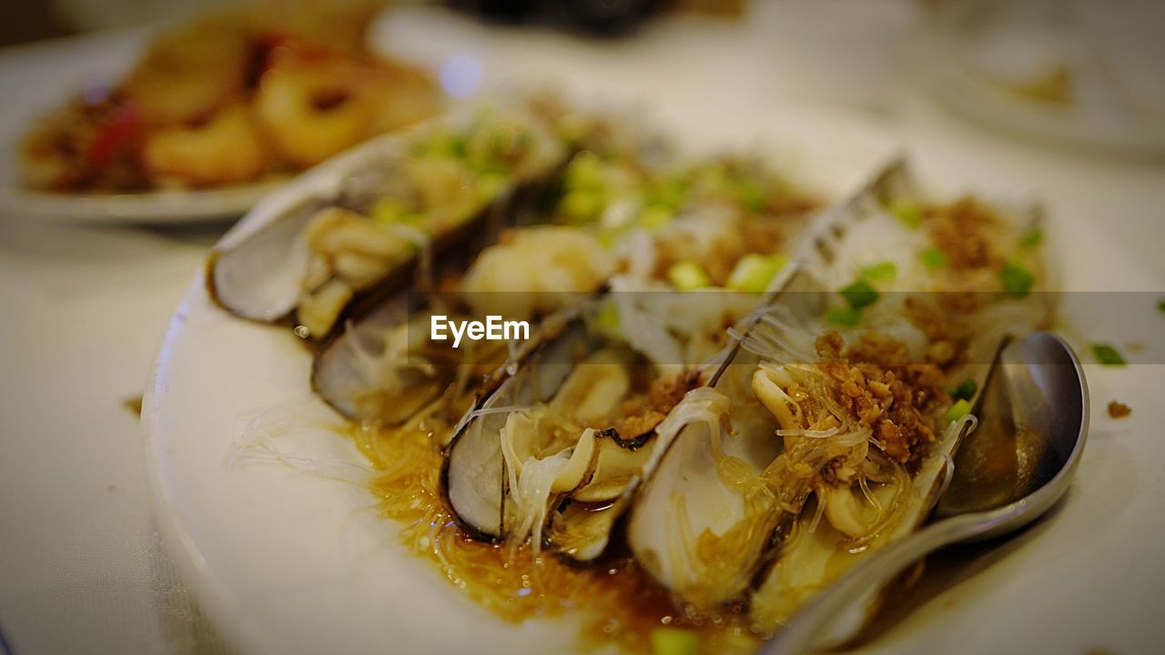 High angle view of seafood served in plate at restaurant