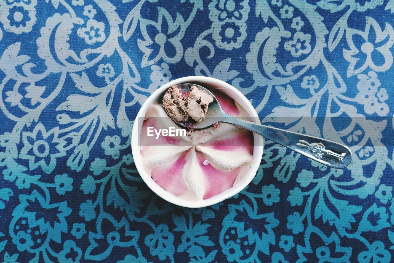 Directly above shot of strawberry ice cream served on table