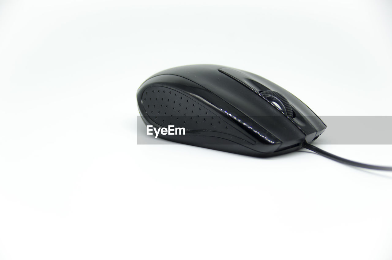 Close-up of black mouse over white background
