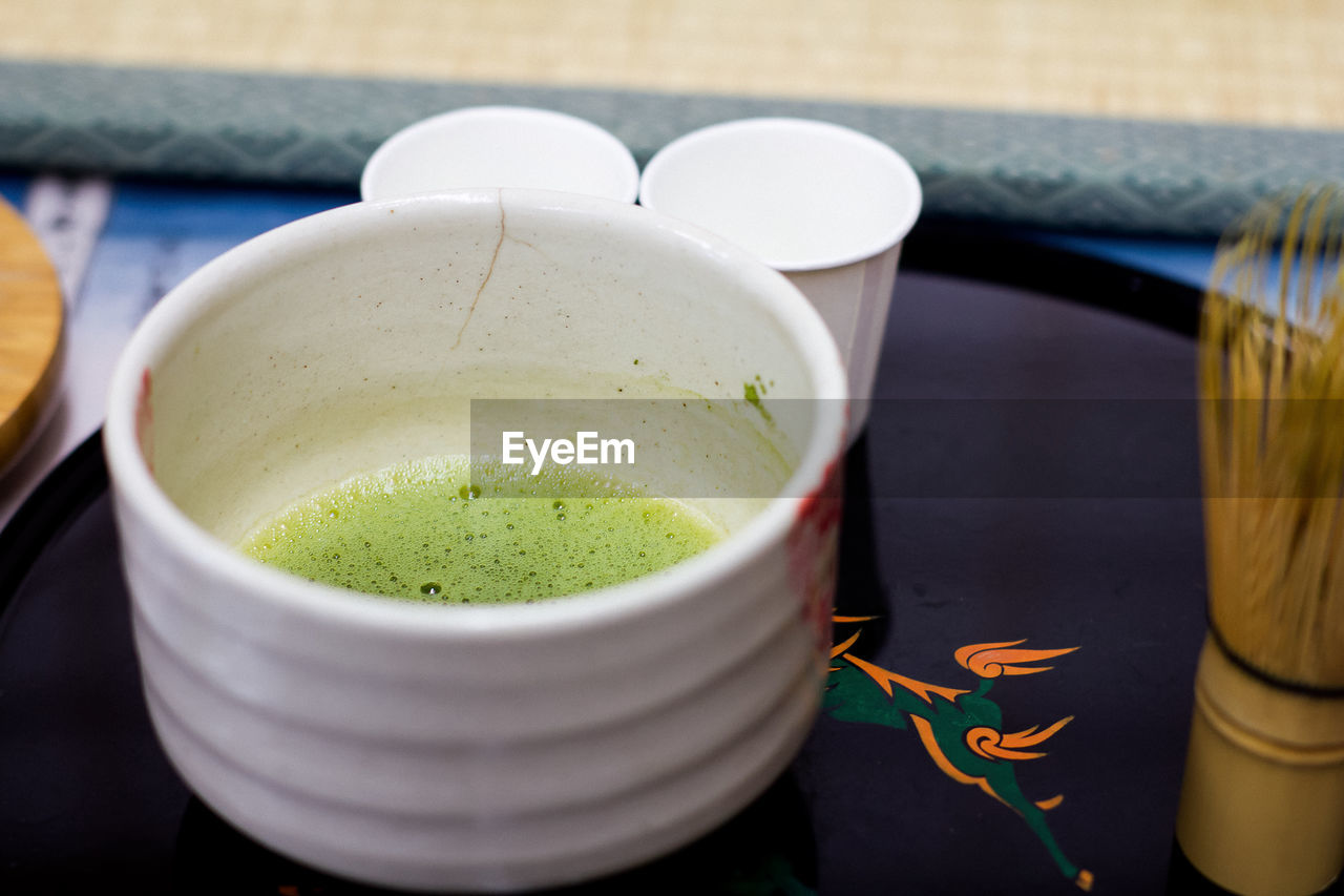 food and drink, drink, matcha tea, food, refreshment, indoors, ceremony, tea, green tea, no people, healthy eating, freshness, culture, hot drink, tea ceremony, wellbeing, dish, cup, close-up, green sauce, produce, bowl