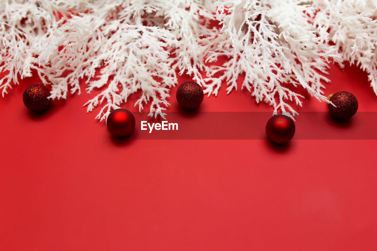 Different christmas decorations on the red background. high quality photo