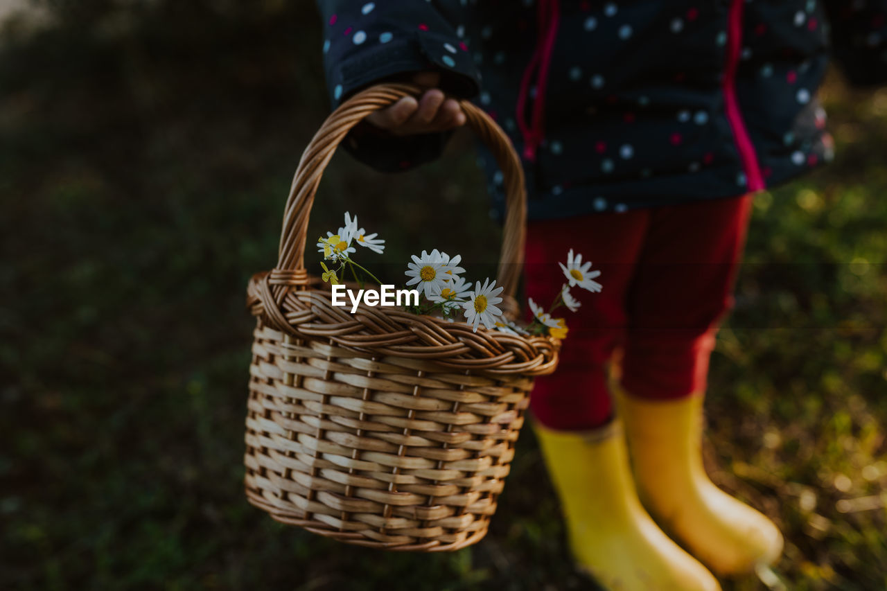 Child holding wicker basket with flowers