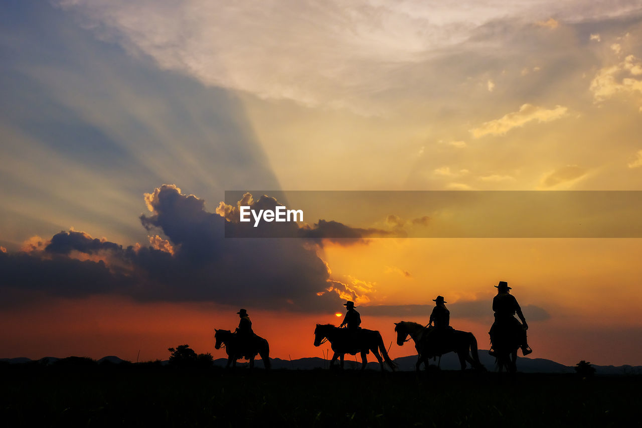 SILHOUETTE PEOPLE RIDING HORSES AGAINST ORANGE SKY