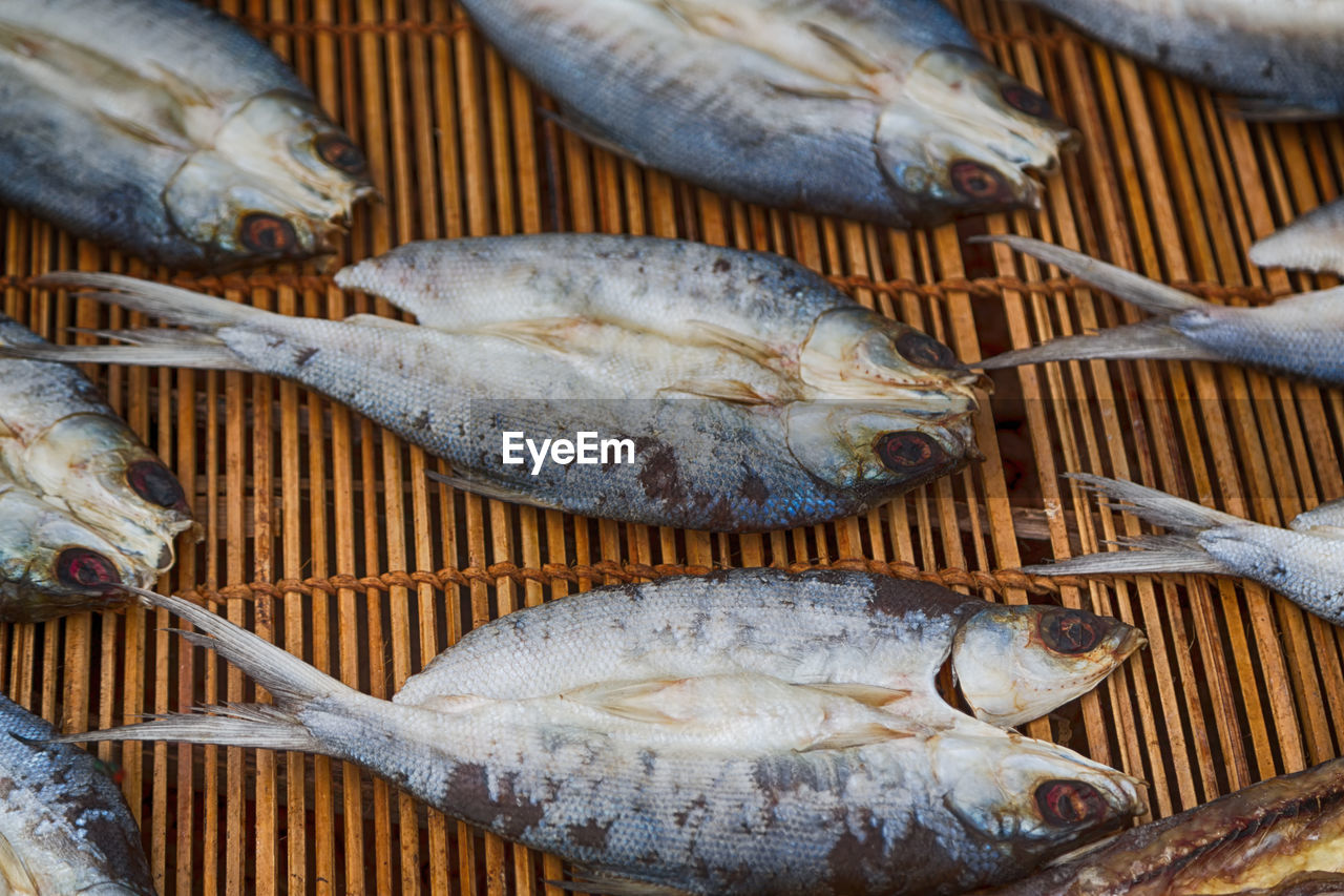 HIGH ANGLE VIEW OF FISH ON BARBECUE GRILL