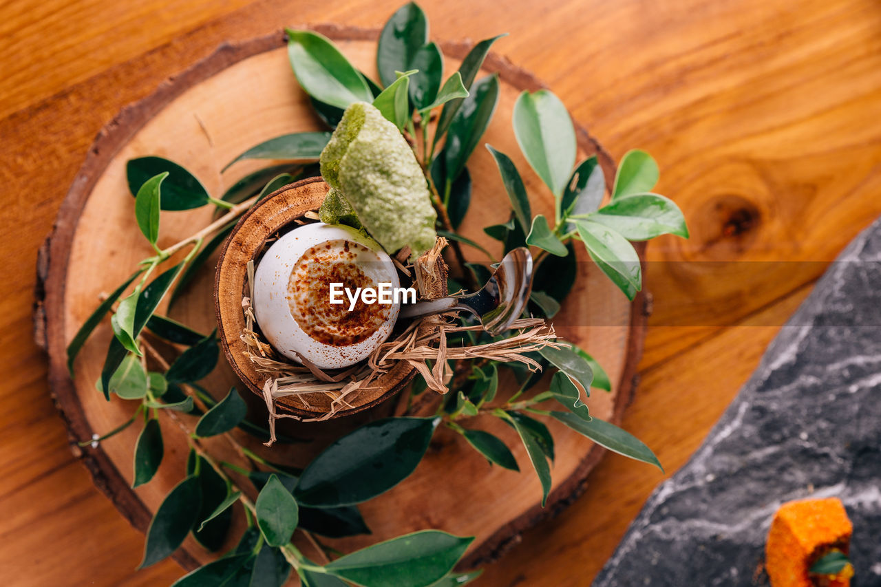 HIGH ANGLE VIEW OF POTTED PLANT AND LEAVES ON TABLE