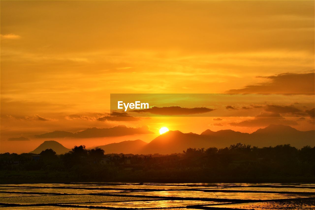 Scenic view of silhouette trees against romantic sky at sunset