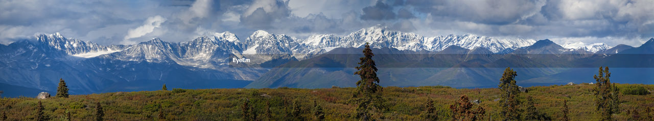 Panoramic view of snowcapped mountains against sky