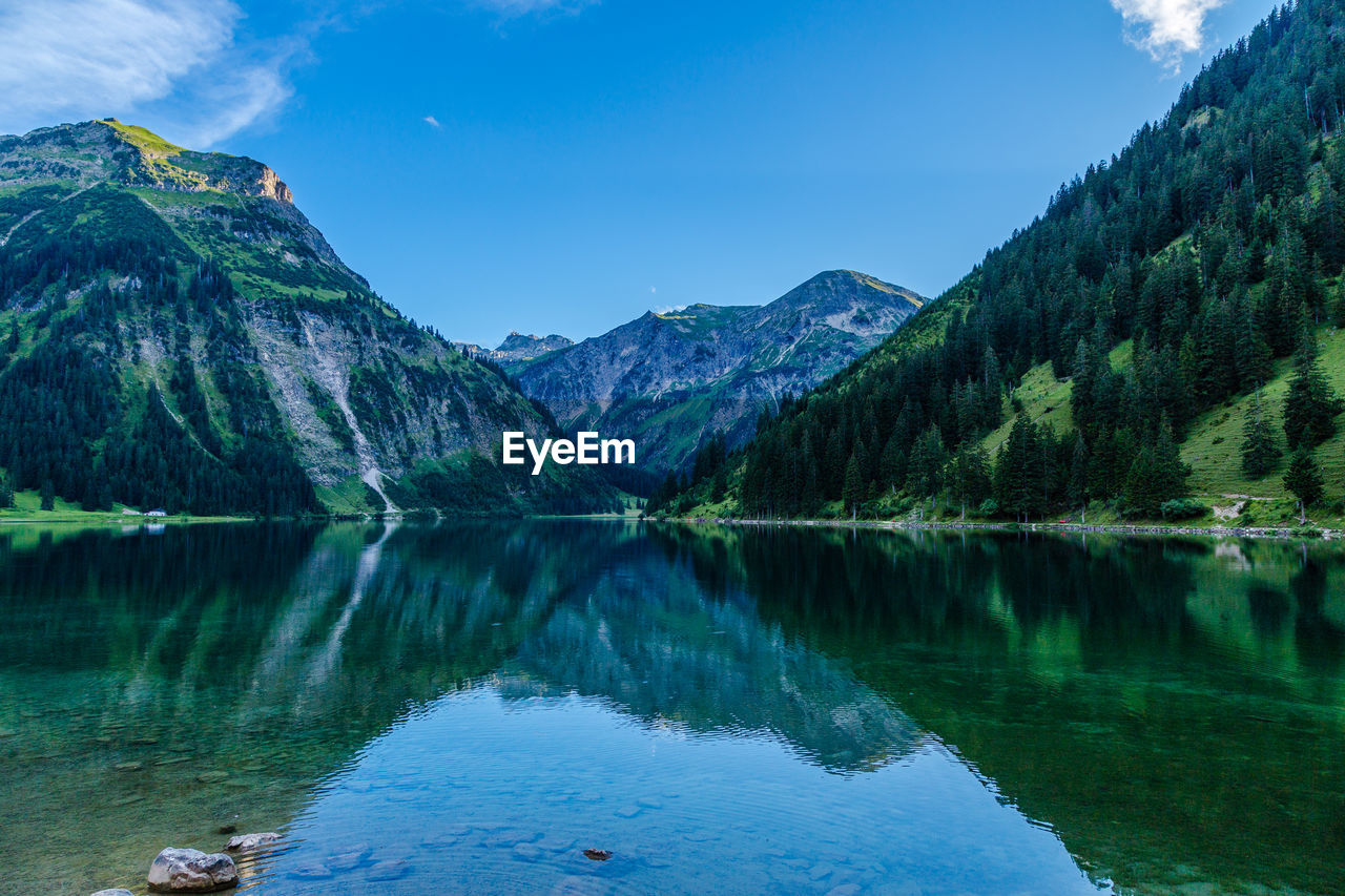 Scenic view of lake and mountains against sky