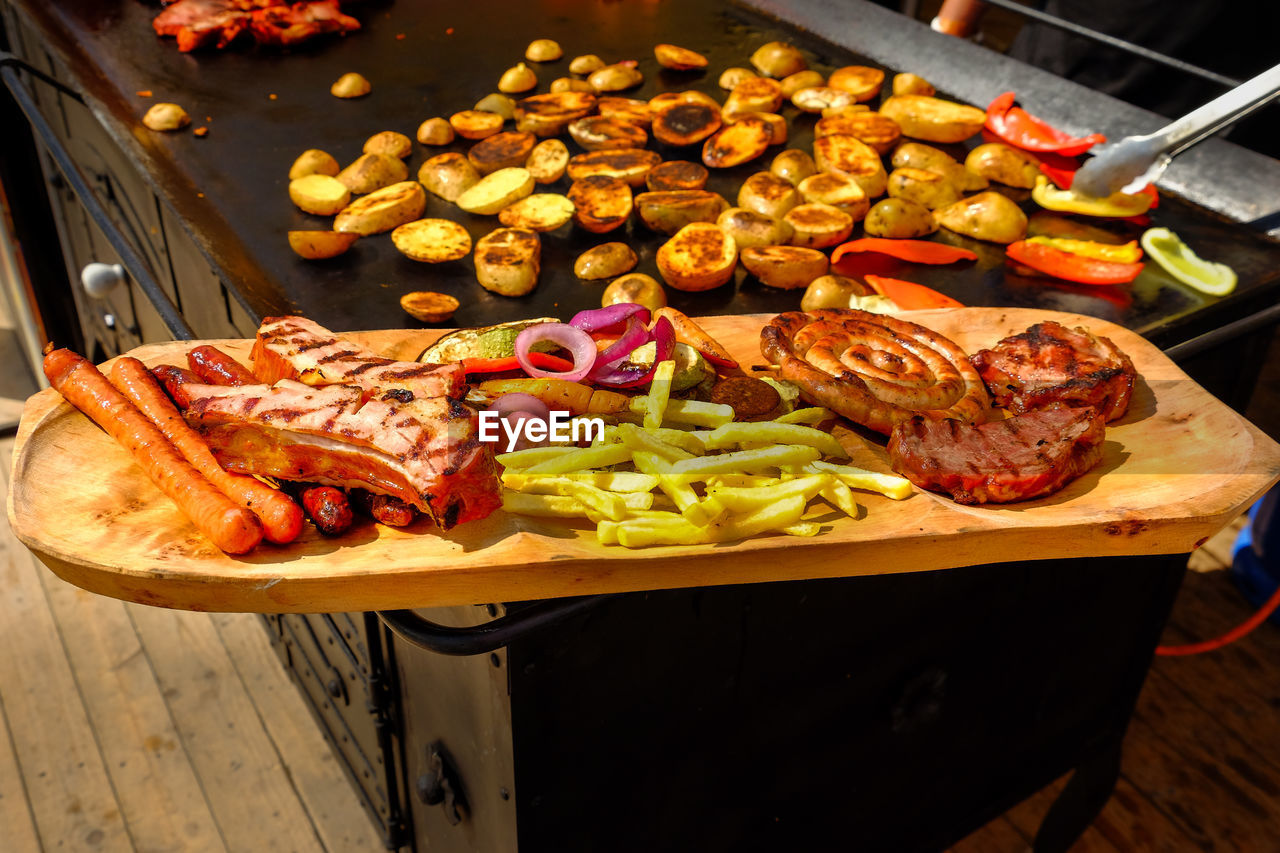 High angle view of various food on cutting board