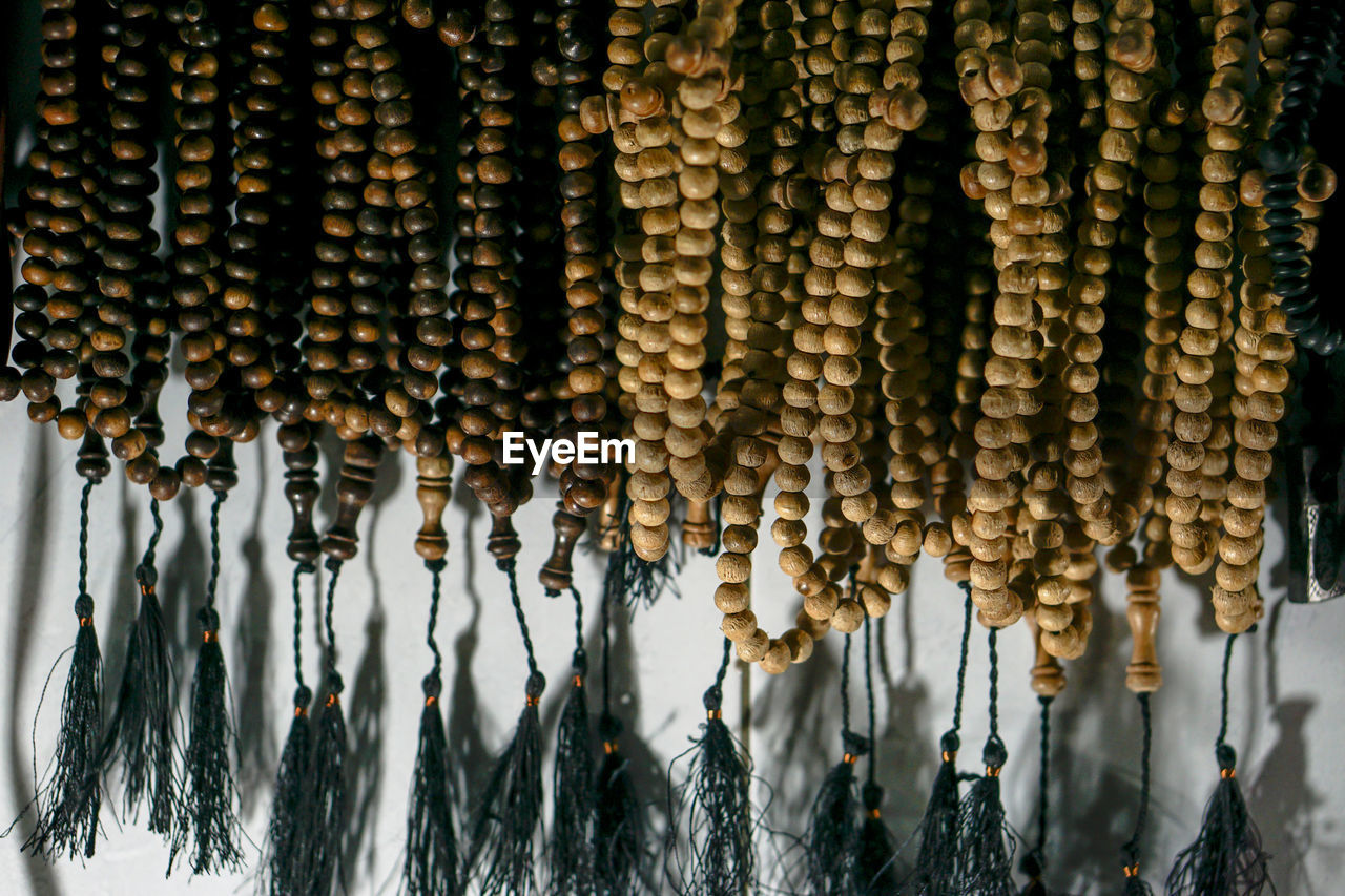 A collection of wooden prayer beads