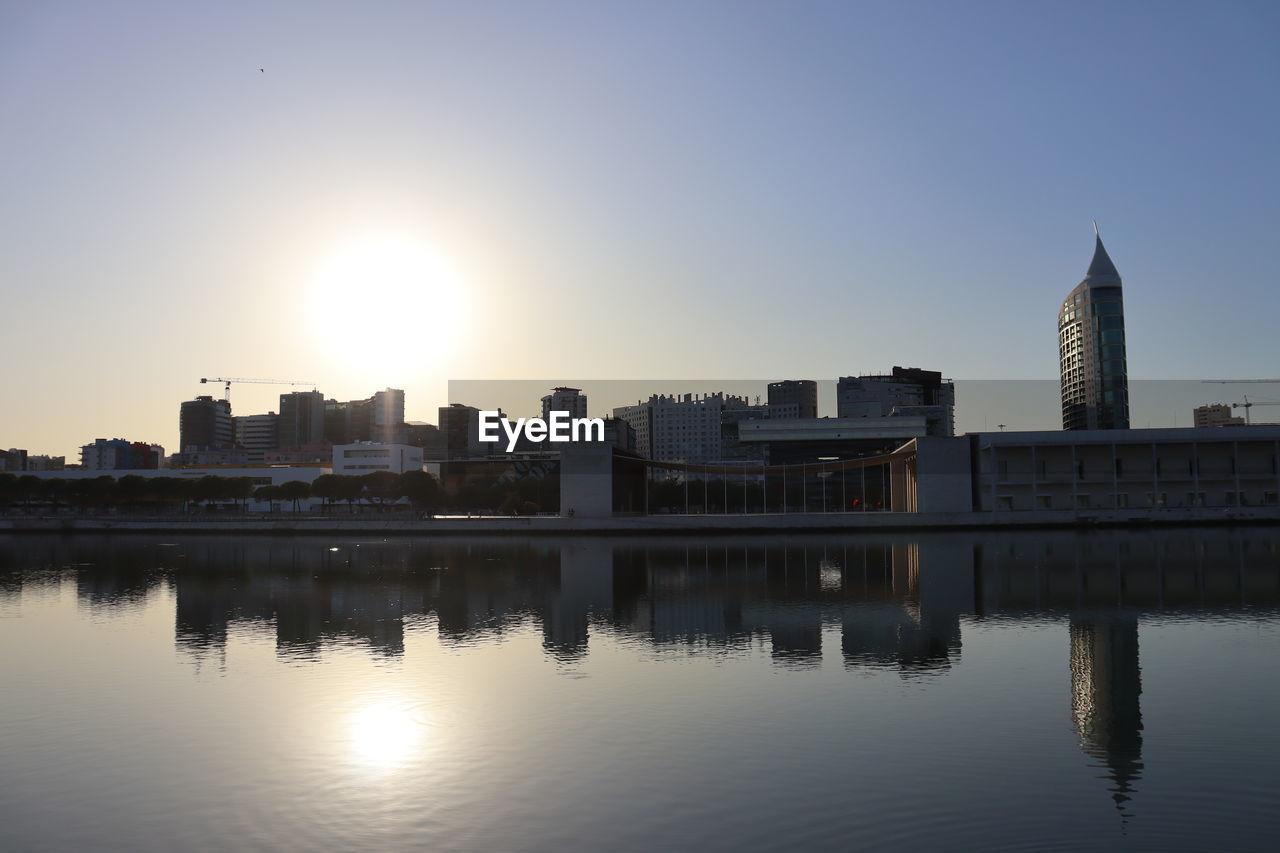 RIVER AND BUILDINGS AGAINST CLEAR SKY