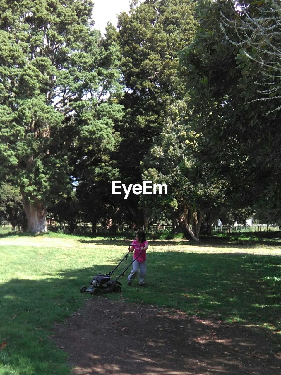 Girl with lawn mower on grass in back yard