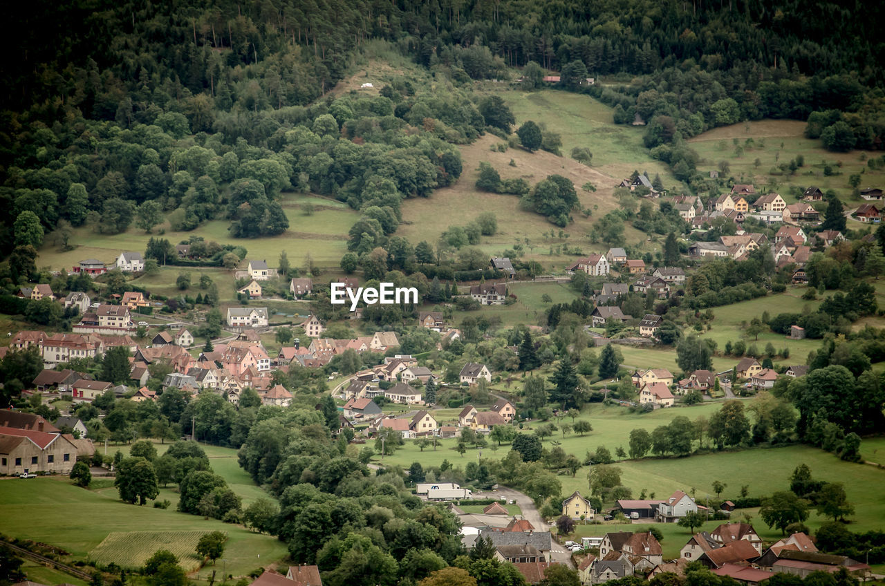 High angle view of houses in town